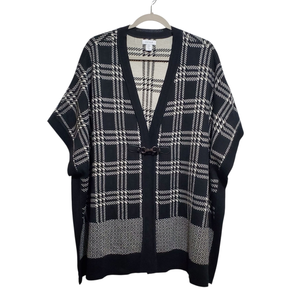 Kenar Merino Wool Blend Poncho Cardigan Sweater Cape Size M Black White